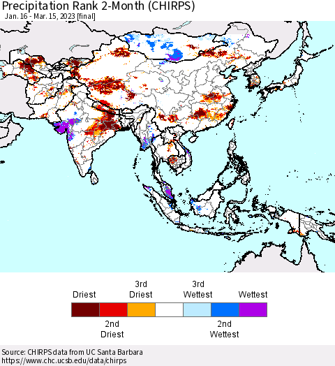 Asia Precipitation Rank since 1981, 2-Month (CHIRPS) Thematic Map For 1/16/2023 - 3/15/2023