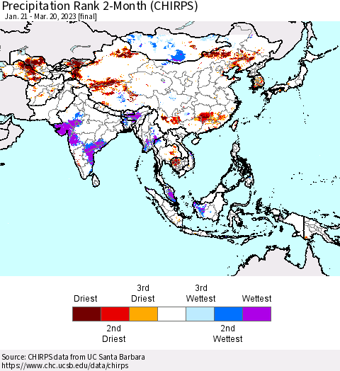 Asia Precipitation Rank since 1981, 2-Month (CHIRPS) Thematic Map For 1/21/2023 - 3/20/2023