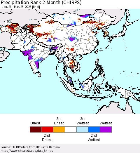 Asia Precipitation Rank since 1981, 2-Month (CHIRPS) Thematic Map For 1/26/2023 - 3/25/2023