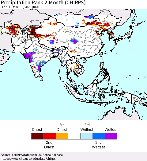 Asia Precipitation Rank since 1981, 2-Month (CHIRPS) Thematic Map For 2/1/2023 - 3/31/2023