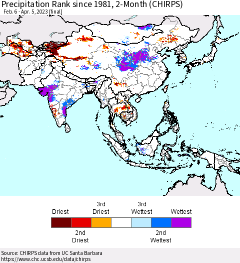 Asia Precipitation Rank since 1981, 2-Month (CHIRPS) Thematic Map For 2/6/2023 - 4/5/2023