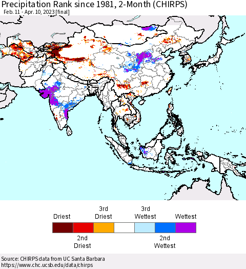 Asia Precipitation Rank since 1981, 2-Month (CHIRPS) Thematic Map For 2/11/2023 - 4/10/2023