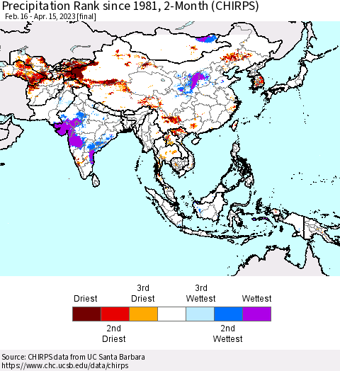 Asia Precipitation Rank since 1981, 2-Month (CHIRPS) Thematic Map For 2/16/2023 - 4/15/2023