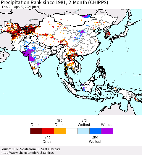 Asia Precipitation Rank since 1981, 2-Month (CHIRPS) Thematic Map For 2/21/2023 - 4/20/2023