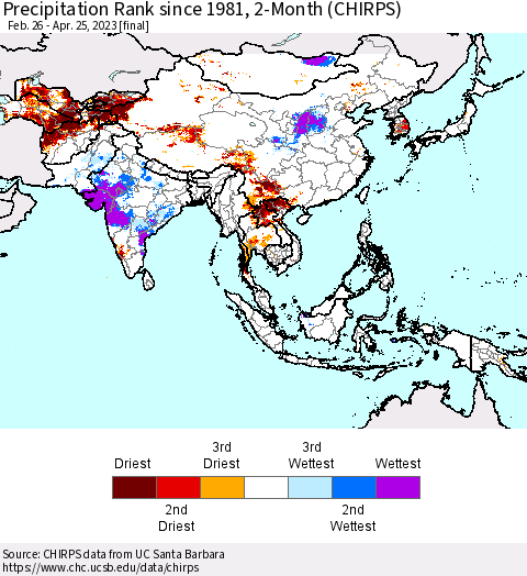Asia Precipitation Rank since 1981, 2-Month (CHIRPS) Thematic Map For 2/26/2023 - 4/25/2023