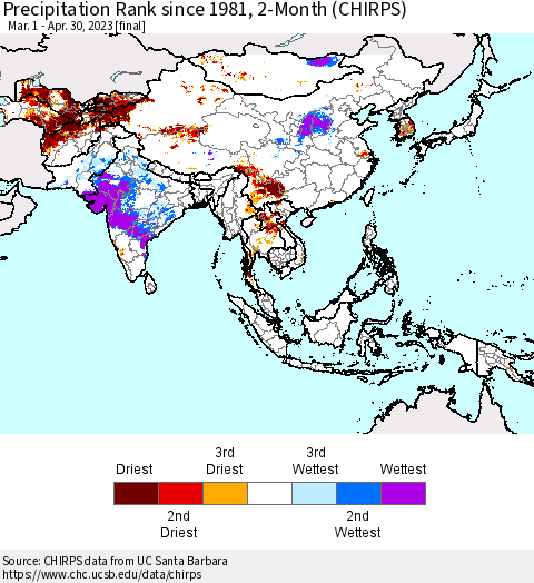 Asia Precipitation Rank since 1981, 2-Month (CHIRPS) Thematic Map For 3/1/2023 - 4/30/2023