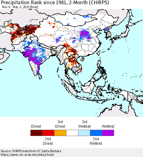 Asia Precipitation Rank since 1981, 2-Month (CHIRPS) Thematic Map For 3/6/2023 - 5/5/2023