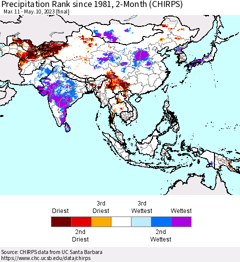 Asia Precipitation Rank since 1981, 2-Month (CHIRPS) Thematic Map For 3/11/2023 - 5/10/2023