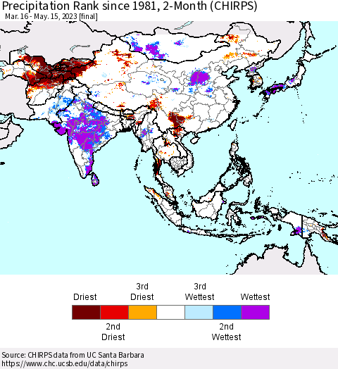 Asia Precipitation Rank since 1981, 2-Month (CHIRPS) Thematic Map For 3/16/2023 - 5/15/2023