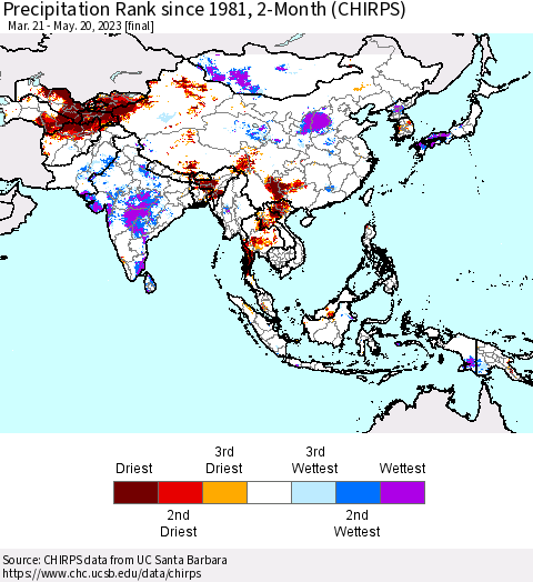 Asia Precipitation Rank since 1981, 2-Month (CHIRPS) Thematic Map For 3/21/2023 - 5/20/2023