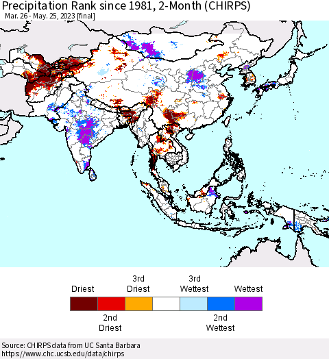 Asia Precipitation Rank since 1981, 2-Month (CHIRPS) Thematic Map For 3/26/2023 - 5/25/2023