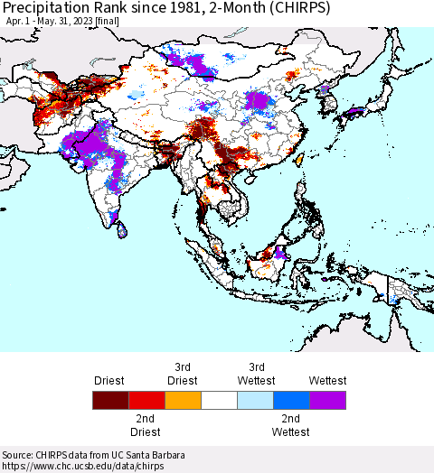 Asia Precipitation Rank since 1981, 2-Month (CHIRPS) Thematic Map For 4/1/2023 - 5/31/2023