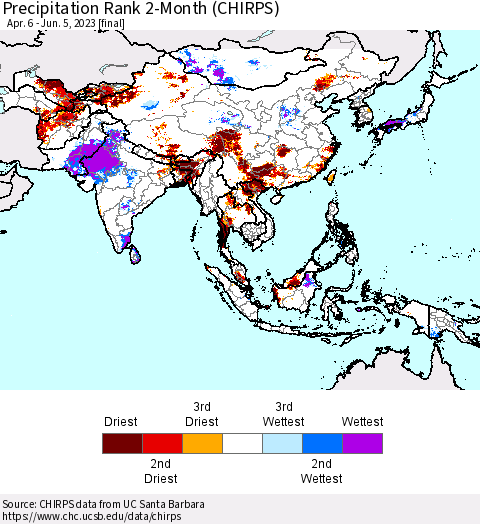 Asia Precipitation Rank since 1981, 2-Month (CHIRPS) Thematic Map For 4/6/2023 - 6/5/2023