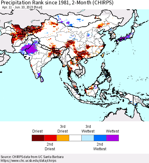 Asia Precipitation Rank since 1981, 2-Month (CHIRPS) Thematic Map For 4/11/2023 - 6/10/2023