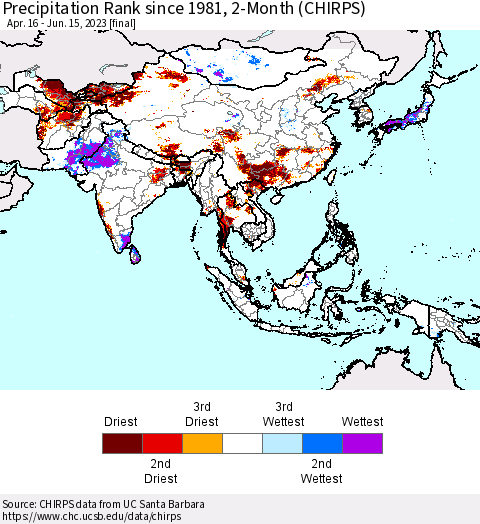 Asia Precipitation Rank since 1981, 2-Month (CHIRPS) Thematic Map For 4/16/2023 - 6/15/2023