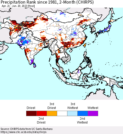 Asia Precipitation Rank since 1981, 2-Month (CHIRPS) Thematic Map For 4/21/2023 - 6/20/2023