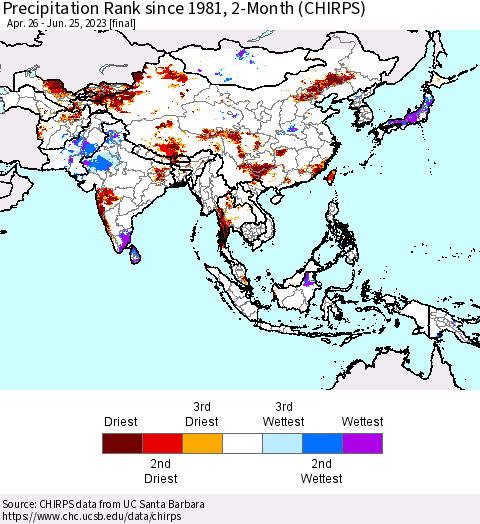 Asia Precipitation Rank since 1981, 2-Month (CHIRPS) Thematic Map For 4/26/2023 - 6/25/2023