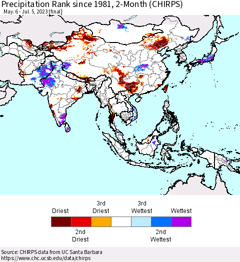 Asia Precipitation Rank since 1981, 2-Month (CHIRPS) Thematic Map For 5/6/2023 - 7/5/2023