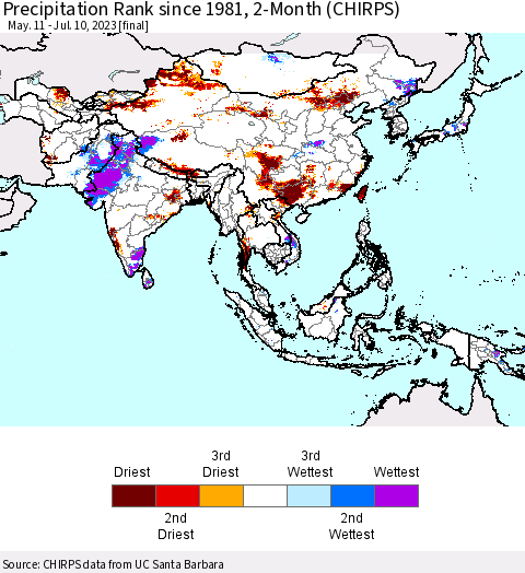 Asia Precipitation Rank since 1981, 2-Month (CHIRPS) Thematic Map For 5/11/2023 - 7/10/2023