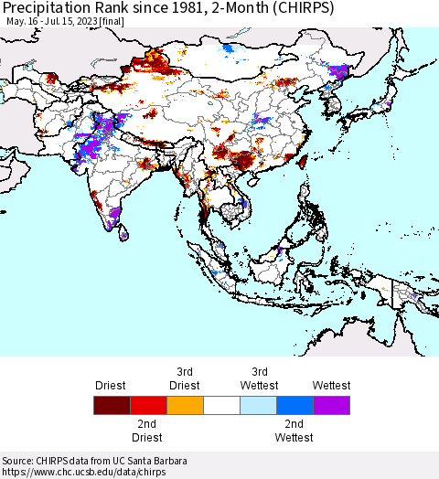 Asia Precipitation Rank since 1981, 2-Month (CHIRPS) Thematic Map For 5/16/2023 - 7/15/2023