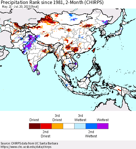 Asia Precipitation Rank since 1981, 2-Month (CHIRPS) Thematic Map For 5/21/2023 - 7/20/2023