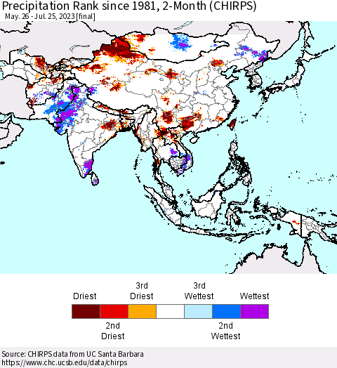Asia Precipitation Rank since 1981, 2-Month (CHIRPS) Thematic Map For 5/26/2023 - 7/25/2023
