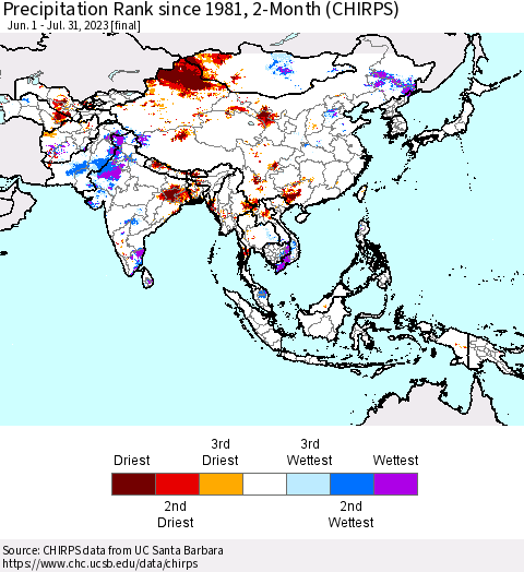 Asia Precipitation Rank since 1981, 2-Month (CHIRPS) Thematic Map For 6/1/2023 - 7/31/2023