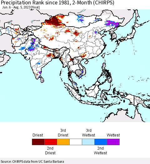 Asia Precipitation Rank since 1981, 2-Month (CHIRPS) Thematic Map For 6/6/2023 - 8/5/2023