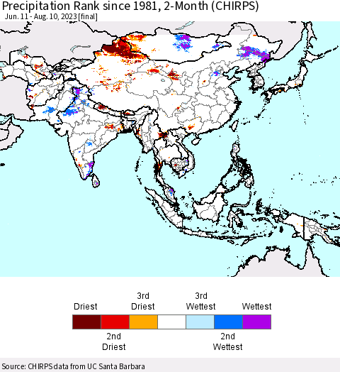 Asia Precipitation Rank since 1981, 2-Month (CHIRPS) Thematic Map For 6/11/2023 - 8/10/2023