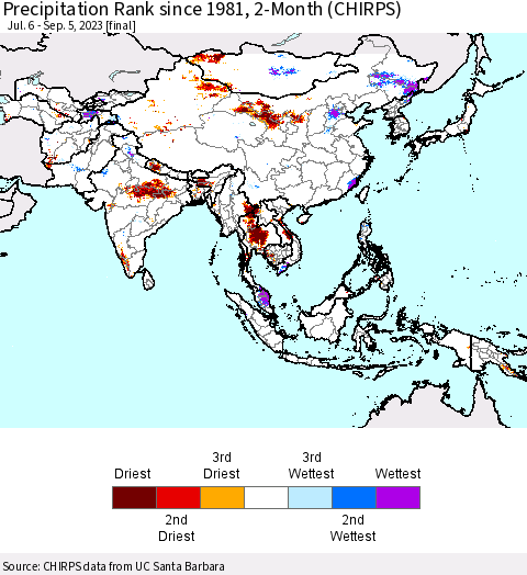 Asia Precipitation Rank since 1981, 2-Month (CHIRPS) Thematic Map For 7/6/2023 - 9/5/2023