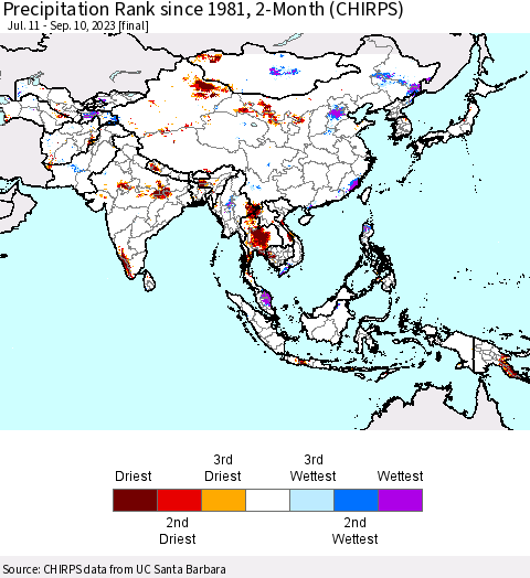 Asia Precipitation Rank since 1981, 2-Month (CHIRPS) Thematic Map For 7/11/2023 - 9/10/2023