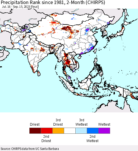 Asia Precipitation Rank since 1981, 2-Month (CHIRPS) Thematic Map For 7/16/2023 - 9/15/2023