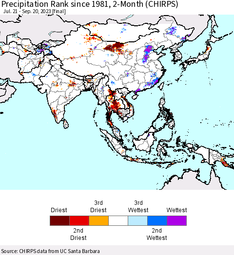 Asia Precipitation Rank since 1981, 2-Month (CHIRPS) Thematic Map For 7/21/2023 - 9/20/2023