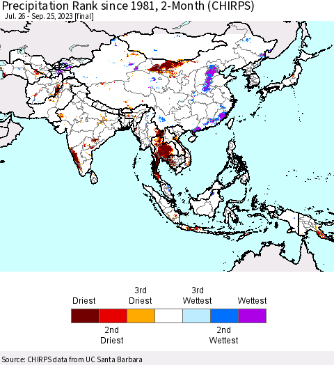 Asia Precipitation Rank since 1981, 2-Month (CHIRPS) Thematic Map For 7/26/2023 - 9/25/2023