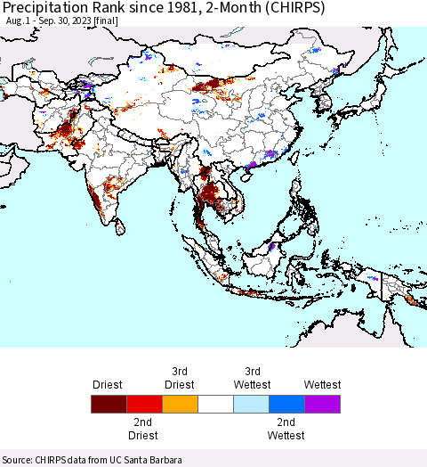 Asia Precipitation Rank since 1981, 2-Month (CHIRPS) Thematic Map For 8/1/2023 - 9/30/2023