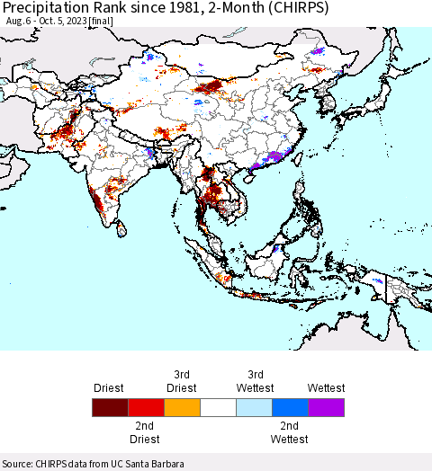 Asia Precipitation Rank since 1981, 2-Month (CHIRPS) Thematic Map For 8/6/2023 - 10/5/2023