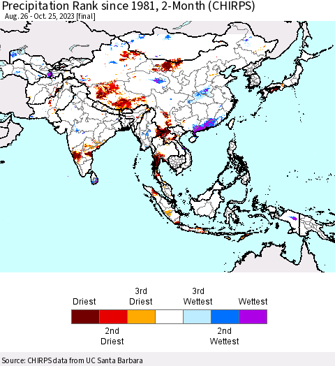 Asia Precipitation Rank since 1981, 2-Month (CHIRPS) Thematic Map For 8/26/2023 - 10/25/2023