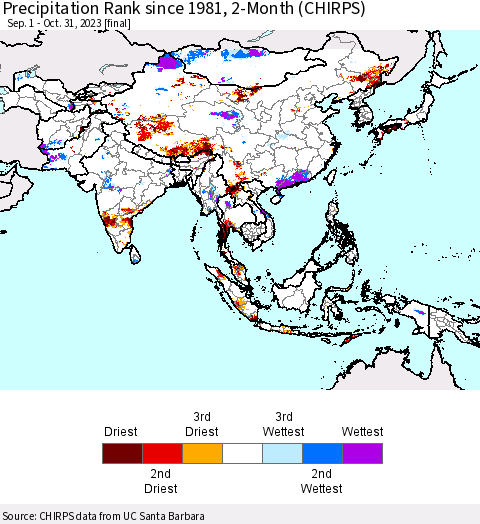 Asia Precipitation Rank since 1981, 2-Month (CHIRPS) Thematic Map For 9/1/2023 - 10/31/2023