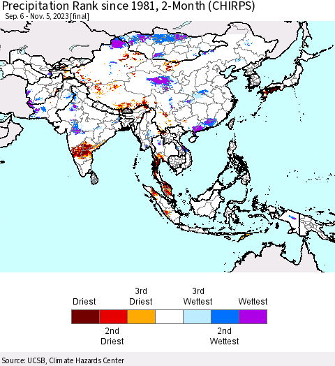 Asia Precipitation Rank since 1981, 2-Month (CHIRPS) Thematic Map For 9/6/2023 - 11/5/2023