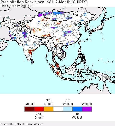 Asia Precipitation Rank since 1981, 2-Month (CHIRPS) Thematic Map For 9/11/2023 - 11/10/2023