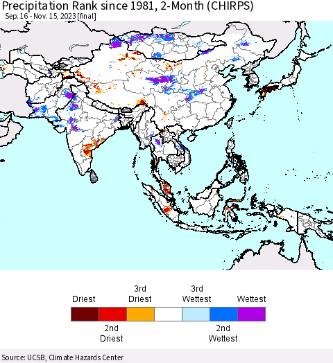 Asia Precipitation Rank since 1981, 2-Month (CHIRPS) Thematic Map For 9/16/2023 - 11/15/2023
