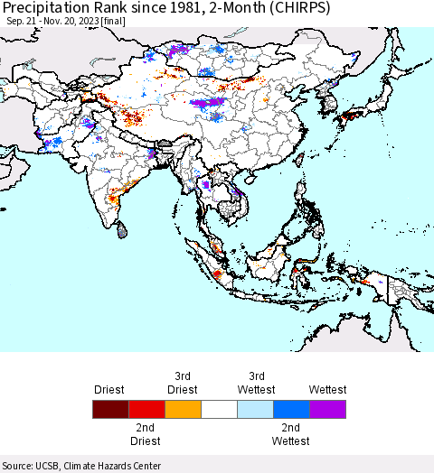 Asia Precipitation Rank since 1981, 2-Month (CHIRPS) Thematic Map For 9/21/2023 - 11/20/2023