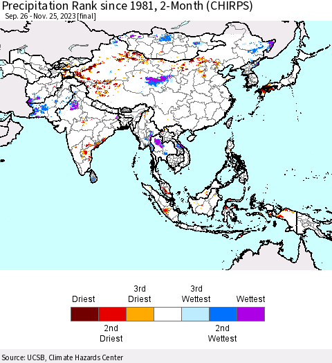 Asia Precipitation Rank since 1981, 2-Month (CHIRPS) Thematic Map For 9/26/2023 - 11/25/2023