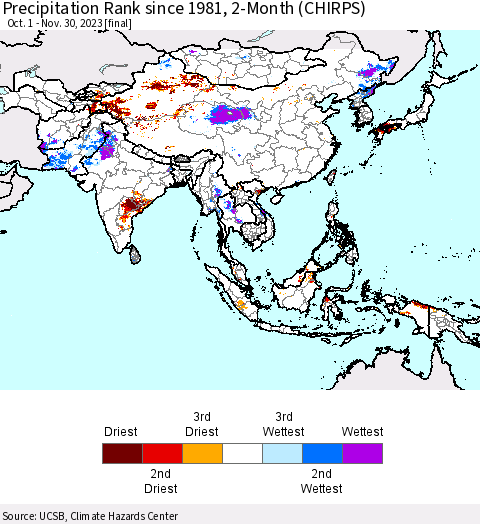Asia Precipitation Rank since 1981, 2-Month (CHIRPS) Thematic Map For 10/1/2023 - 11/30/2023