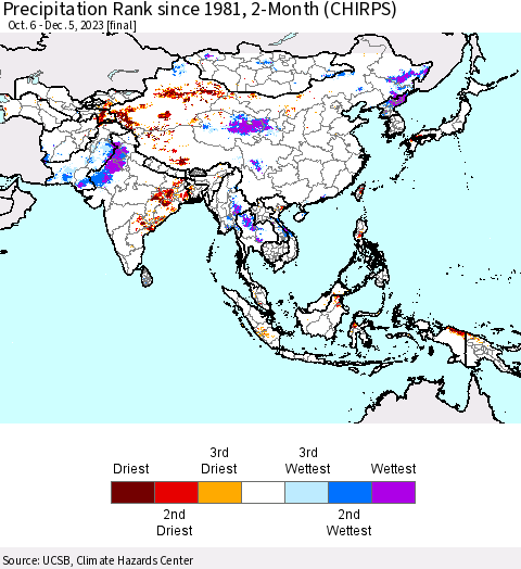 Asia Precipitation Rank since 1981, 2-Month (CHIRPS) Thematic Map For 10/6/2023 - 12/5/2023