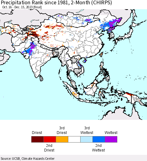 Asia Precipitation Rank since 1981, 2-Month (CHIRPS) Thematic Map For 10/16/2023 - 12/15/2023