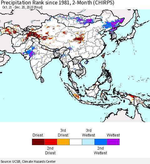 Asia Precipitation Rank since 1981, 2-Month (CHIRPS) Thematic Map For 10/21/2023 - 12/20/2023