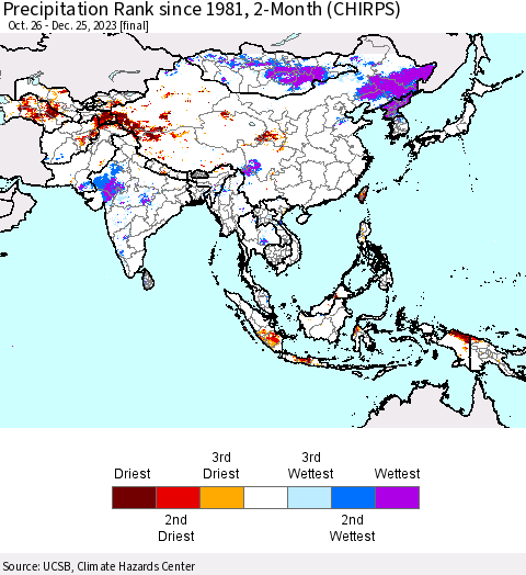 Asia Precipitation Rank since 1981, 2-Month (CHIRPS) Thematic Map For 10/26/2023 - 12/25/2023