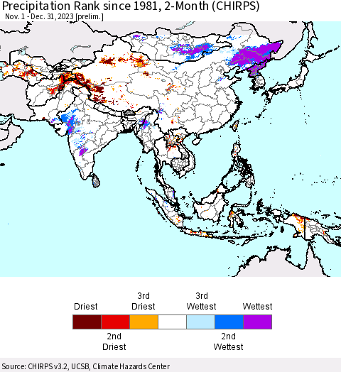 Asia Precipitation Rank since 1981, 2-Month (CHIRPS) Thematic Map For 11/1/2023 - 12/31/2023