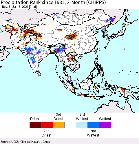 Asia Precipitation Rank since 1981, 2-Month (CHIRPS) Thematic Map For 11/6/2023 - 1/5/2024